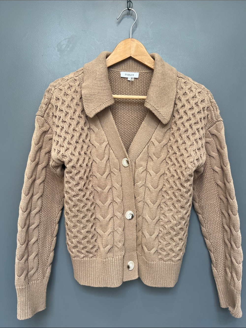 Parker Camel Cable-Knit Collared Cardigan